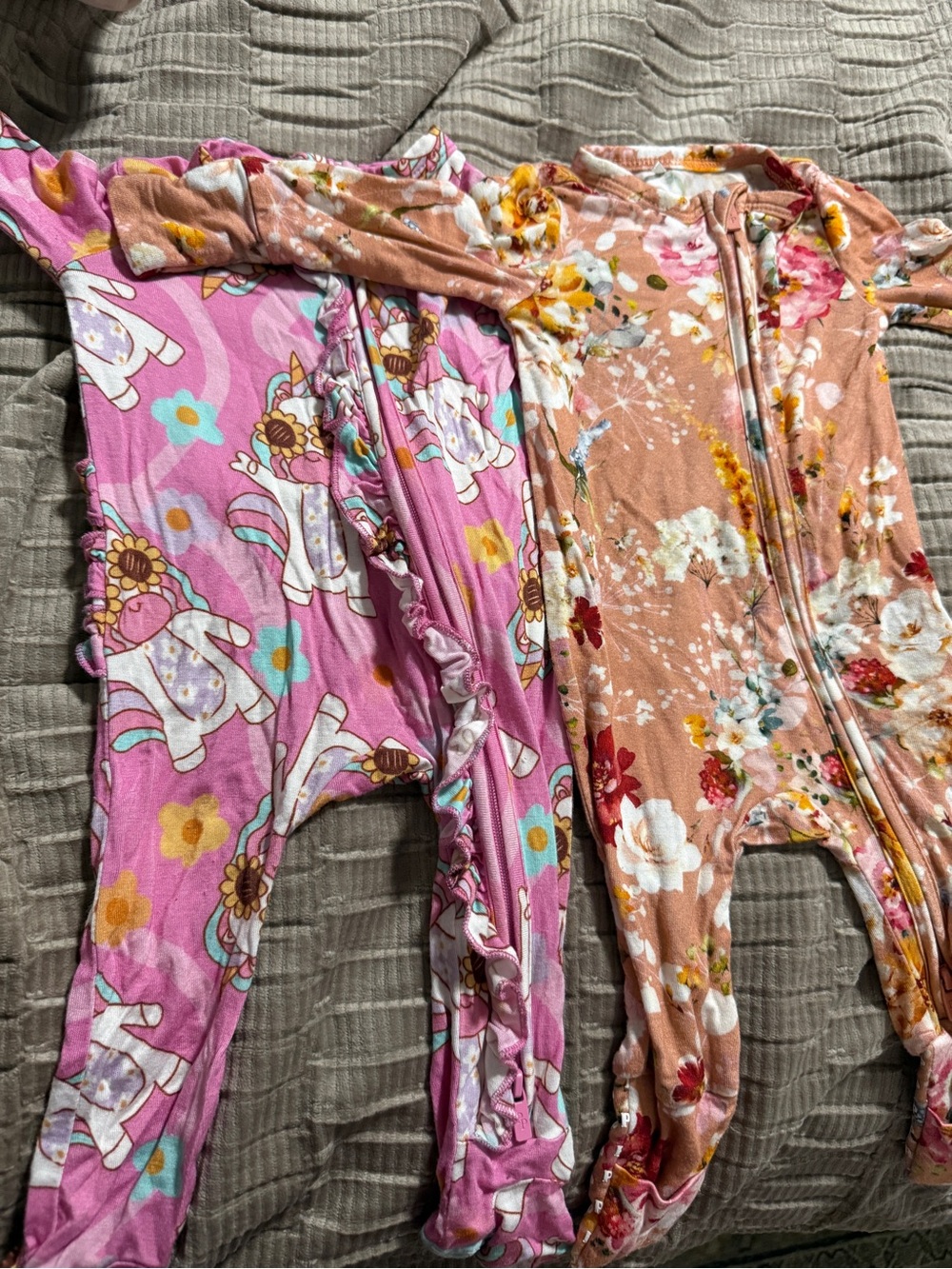 Posh Peanut Floral & Unicorn Zip-Front Footies in Pink and Peach